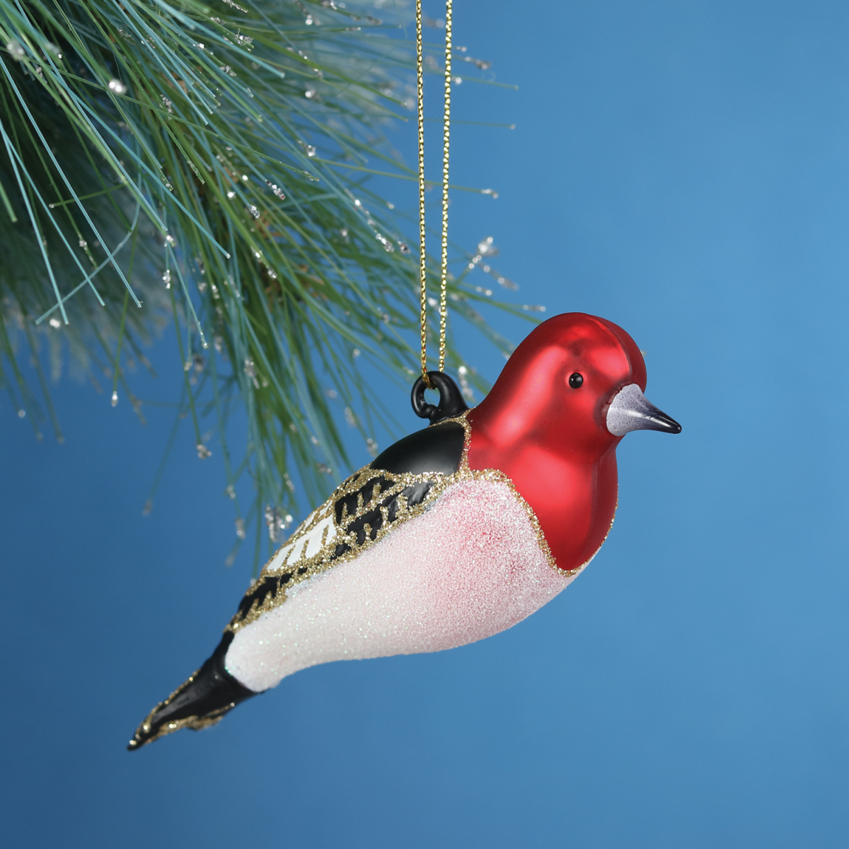 Blown Glass Bird Ornament Red-Headed Woodpecker